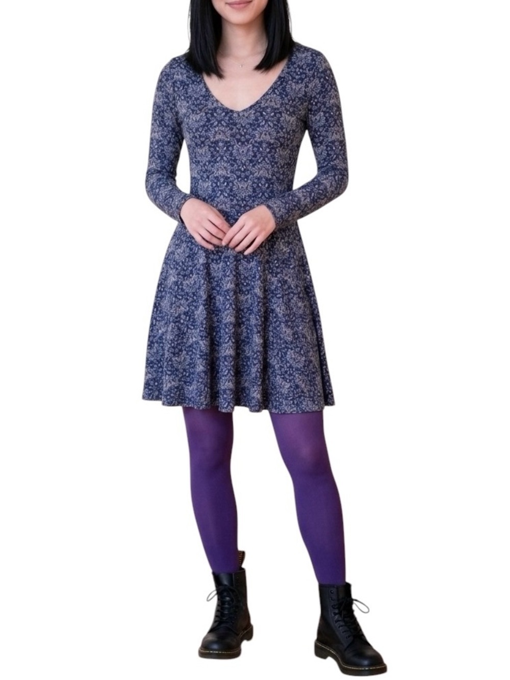 Y2K Abercrombie & Fitch Floral Micro Mesh Skater Mini Dress 3/4 Sleeve M Navy